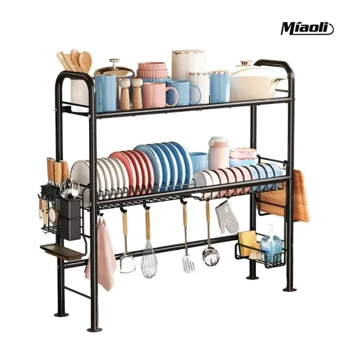 MiAoli Adjustable Stainless Steel Over-Sink Dish Drying Rack - 1&2 Tiers Expandable Oval Shelf, Space-Saving Countertop Organizer with Rubber Feet & Utensil Caddy