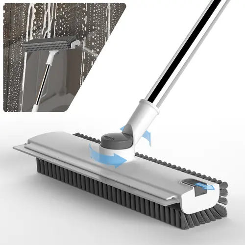 GLUMZRK 3-in-1 Multifunctional Hard Floor Cleaner Wand Brooms - Adjustable Stainless Steel Long Handle, 360° Bristle Brush Head, Smooth Silicone Squeegee, Cleaning Supplies for Tiles, Glass-Mirror Shine, Crevice Cleaning (Light Beige)
