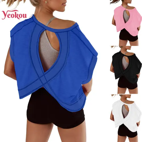 Yeokou Women Open Back Tops for Women Oversized Short Sleeve Workout T Shirts Backless Y2k Athletic Crop Running Tees,summerwins,back to school,back to school shopping,sohochic