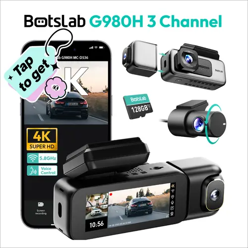 Botslab 4K Multi Camera Dash Cam - 3 Channel, 3.18" Touch Screen, Night Vision, GPS Dashboard Camera, Wi-Fi, Voice Control, 24/7 Parking Mode, 128GB Card, HD Automotive Dashcam, HD Driving Recorder,toolupgrade