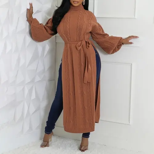 CHICME Tied Detail Textured Sweater Coat/ Cable Textured High Neck Lantern Sleeve Casual Cinched Waist High Slit Knit Long Sweater Coat