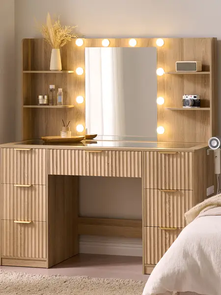 AMERLIFE 36.2/45"/47.2 Fluted Vanity Desk with Mirror and Adjustable LED Lights, Large 4/7 Drawers Makeup Table with Glass Top and Charging Station for Women and Girls, Bedroom or Dorm/Best Gift Ideas/Christmas Gifts[tiktokshopbacktoschool][SohoChic]