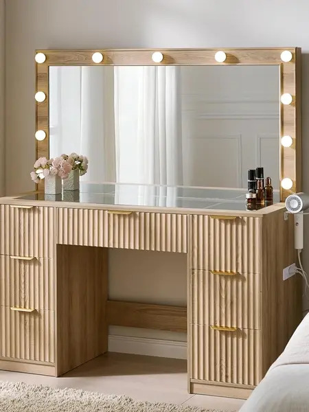 AMERLIFE 36.2/47.2" Fluted Vanity Desk with Mirror and Adjustable LED Lights, Large 4/7 Drawers Makeup Table with Glass Top and Charging Station for Women and Girls,,Best Gift Ideas,Lighted Vanity Table #SohoChic