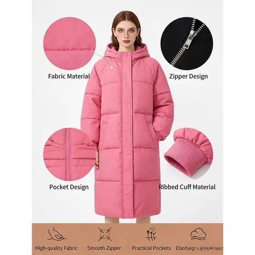 VVZ Women's Pink Button Front Full Zip Up Coat Trendy Warm Raglan Sleeve Outerwear for Daily Wear Puffer Jacket Hooded Coat Essential Winter Clothing Piece Style Tops Twist