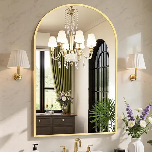 Sweetcrispy Modern Arched Mirror - Brushed Aluminum Frame, HD Shatter-Proof Glass, Aesthetic Home Decor That Adds Vintage Charm to Any Room, Ideal for Daily Styling and Dressing Over Sink or Bathroom Vanity