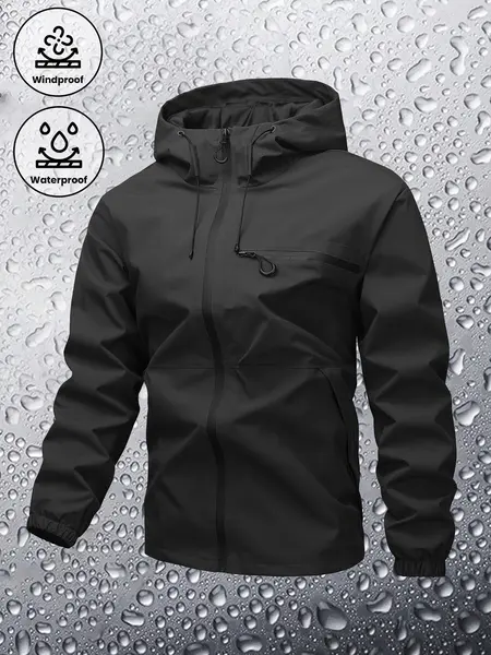 Men's Zip Up Hooded Jacket - Plain/Stripe Print Baseball Bomber, Waterproof Windproof Drawstring Long Sleeves, Zipper Pocket Casual Outerwear for Outdoor Activities, Male Clothing Tops Coats