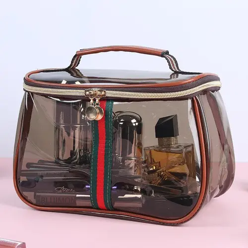 New Retro Vintage Vanity Bag Makeup Bag Large Capacity Waterproof Transparent Toiletry Bag Luxury Cosmetic Bag Women Ladies Travel Storage Case (Coffee)