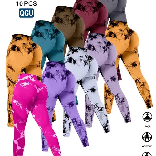 QGU Women's Assorted Tie Dye Leggings 10-Pack, High-Waist Stretchy Compression Pants with Tummy Control & Butt Lift, Sporty Chic Biking Activewear for Workout, Running, Travel (Workout Outfit Inspo),sohochic