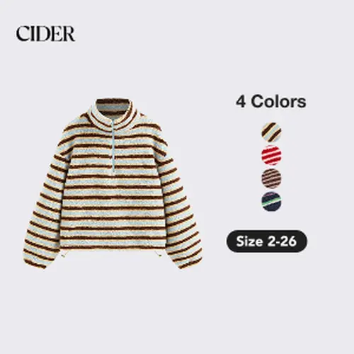 Cider Fleece Stripe Stand Collar Drawstring Half Zip Oversized Sweatshirt