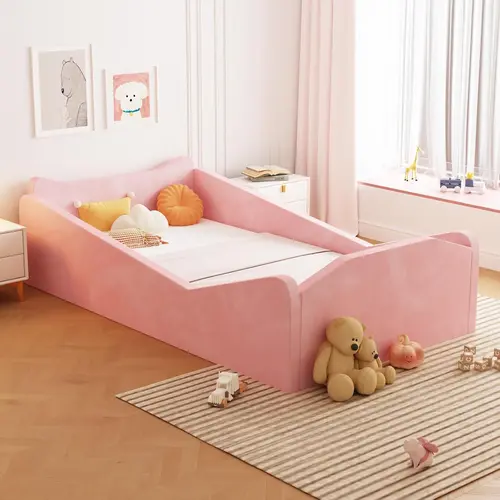 JOYMOR Toddler Bed, Floor Bed with Safety Guadrail, Montessori Toddler Bed with Animal Ear Shapes, Soft Velvet Wood Bed for Infant, Kids, Mattress not Included,sohochic