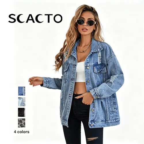 Scacto Women's Vintage Distressed Collared Long Sleeve Denim Jacket - Ripped Fringe, Casual Pockets, Soft Buttons, Oversize Tops, Comfortable Everyday All-Season Outerwear,sohochic