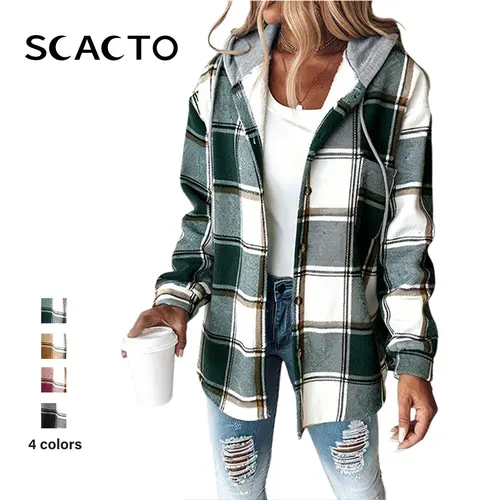Scacto Women's Plaid Shacket - Long Sleeve, Button Down, Hooded, Polyester Fleece-Lined Warm Casual Outerwear, Regular & Plus Sizes Winter Clothes