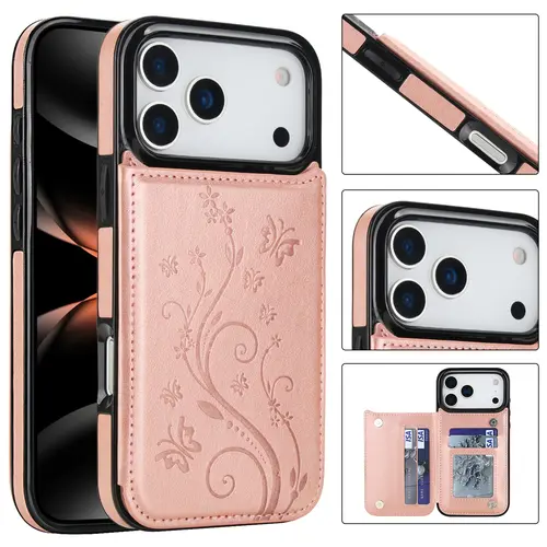 For iPhone 18 17 Pro Max 16 15 14 13 12 11 Magnetic Flip Leather Wallet Card Case with Card Holder Embossed Butterfly Premium PU Leather Kickstand Case