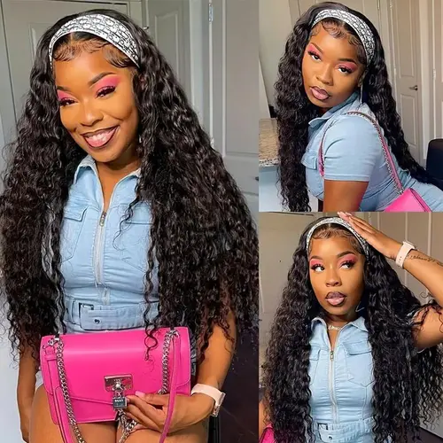 Bling Hair Headband Wig Deep Wave Machine Made None Lace Human Hair WIg Ready to Wear Glueless Curly Headband Half Wig For Wowen Beginner Friendly 180% Density SoHoChic Style #TikTokShopBackToSchool