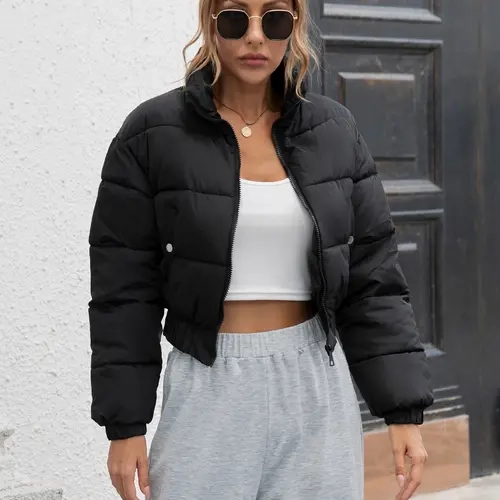 Women's Winter Cropped Puffer Jacket Warm Quilted Jacket Long Sleeve Padded Coats