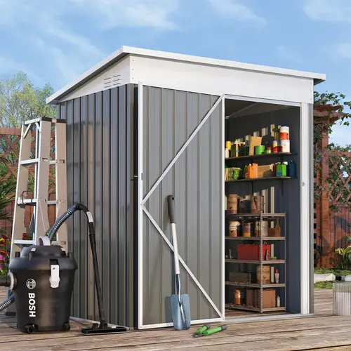 【No base】AECOJOY 2' x 5' Galvanized Metal Outdoor Storage Shed with Lockable Door Utility & Tool Storage for Garden Backyard Patio Modern Shelf Grey Adjustable Frames