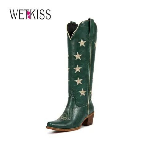 Wetkiss Star Embroidered Knee High Western Boots,Stylish Cowgirl Design with Chunky Heel,Women's Shoes,Women's Boots, #WeeklyDeals#sohochic