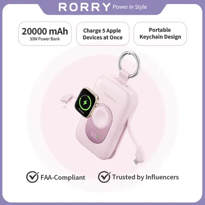 RORRY CharmGo 20000mAh Portable Power Bank with Built-in Cables & Keychain – 30W PD Fast Charging for iPhone Apple Watch & Android Travel Essentials Giftideas,sohochic