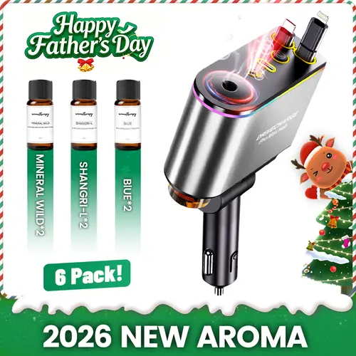 Smart Retractable Car Charger & Air Freshener - 66W Fast Charging with Dual Type-C/Lightning Adapter for All Phones, Starlight Projector Mood Light & Aromatherapy Diffuser,Includes 6 x 10ml Perfumes,Ideal Car Accessories & Halloween Gift for Men autumn