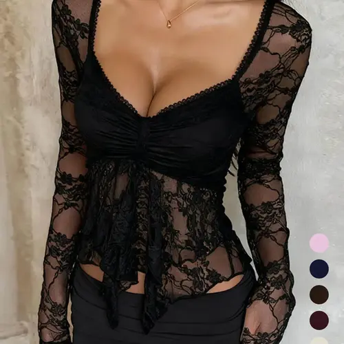 Elegant Lace Long Sleeve Top, Women's Fashionable Blouse, Stylish Hollow Out Design, Perfect for Casual Wear, All Seasons, Slim Fit, Womenswear, Chic, Lace Tops