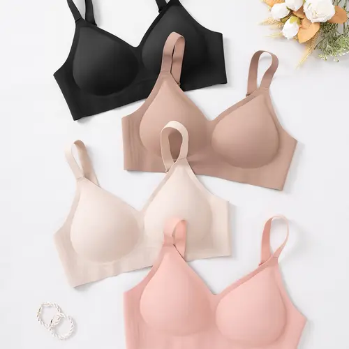 4/5 piece set solid color seamless jelly women's bras, Soft Comfy Bra, with hook and adjustable shoulder straps, no underwire support for a gathered back, comfortable, breathable, suitable for daily casual and commuting wear
