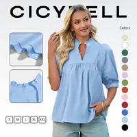Cicy Bell Womens V Neck Puff Sleeve Blouse Babydoll Peplum Tops Dressy Casual Pleated Loose Fit Shirts