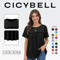 Cicy Bell Womens Summer Babydoll Tunic Tops Pleated Short Sleeve Crew Neck Peplum T Shirts Casual Loose Fit Outfits Crewneck Ruffled