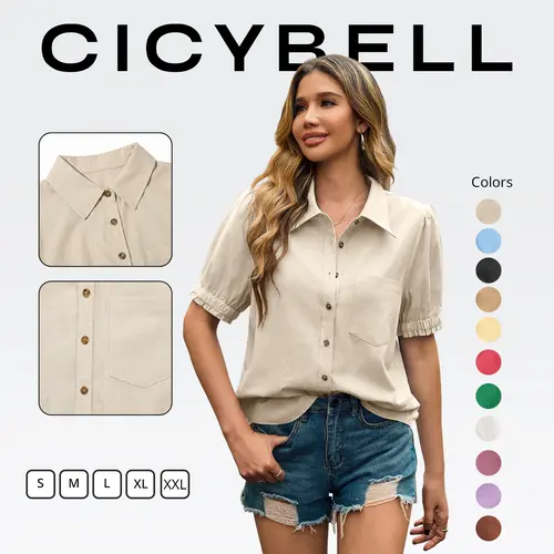 Cicy Bell Women's Puff Short-Sleeve Button-Down Blouse - Linen, Lightweight, Loose-Fit, Collared V-Neck, Summer Casual Work Top