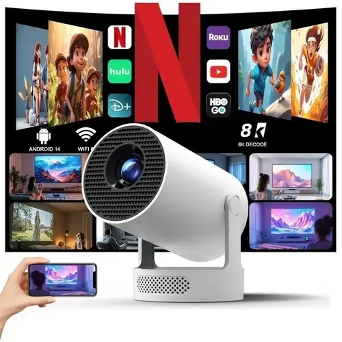 HY300Pro+ Mini Projector (10000:1 CR, 290ANSI Lumens), Auto Keystone Correction, Dual-Band WiFi6, Bluetooth 5.4, Android 14, 1280x720P, 4K Decode, 4K/1080P Audio Support, Plastic Oval Abs Box, Portable Home Cinema Gift #SohoChic