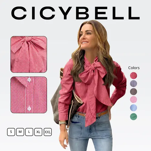 Cicy Bell  Women's Plaid Shirt with Bow Tied Neck Button Down Long Sleeve Fitted Casual Dressy Blouse Tops in Brown for Any Occasions Elegant Womenswear Valentine's Day