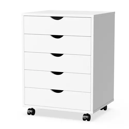 5-Drawer Durable Solid Wood Rolling Filing Cabinet with Casters, Drawer Organization Office Furniture Storage Chest for Home or Office Fit, Move with Ease Rolls with You Portable Unit, 2-Person Assembly, Small/Large File Compatibility, Wipe-Clean Finish