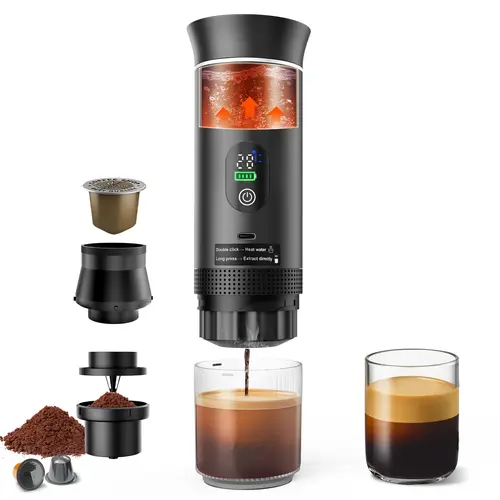 Yonsya Portable Espresso Machine for Hiking with Smart Display 20 Bar Mini Travel Coffee Maker 3-in-1 Car Coffee Maker USB-C Self-Heating for Ground Coffee & Capsules One-Button Operation