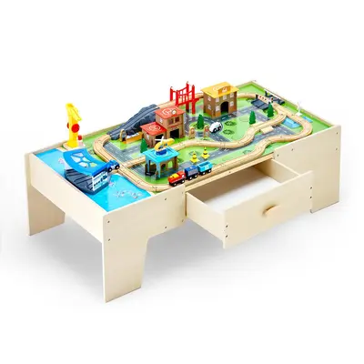 VEVOR Train Table,  62 Multicolor Pieces Wooden Kids Activity Table with Large Storage Drawer, 3-in-1 Wooden Train Set for Playing, Drawing, Reading, Eating, Creative Toy Set for Kids Ages 3+