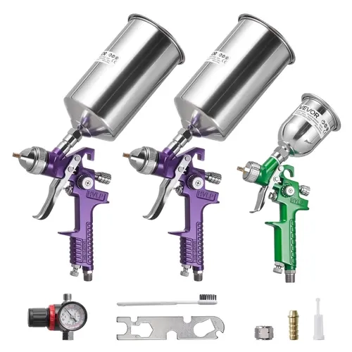 VEVOR 3-Piece Gravity Feed Air Spray Gun Kit (1/1.4/1.8mm Nozzles, 3 Cups, Air Regulator) - Professional Aluminum Power Tool with Airbrush Tool, Cleaning Brush for Auto Primer & Topcoat,toolupgrade