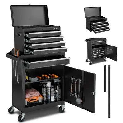【toolupgrade】VEVOR Lockable Rolling Tool Chest, 2-in-1 5-Drawer Organizer with Detachable Metal Top Box, Lock Bar, EVA Liner Guards, Hanging Rack, Casters, Heavy Duty Workshop Storage Cabinet, Lockable Tool Storage