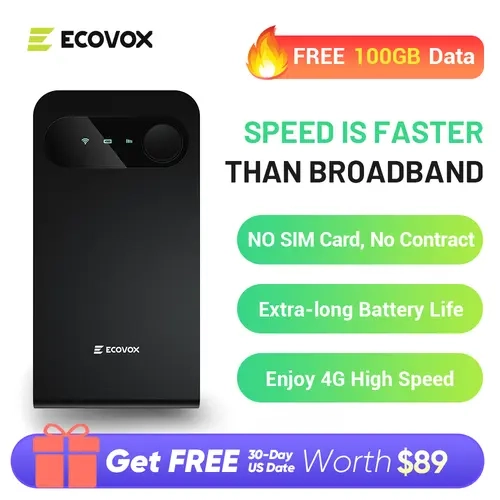 ECOVOX 2026 Portable WiFi Hotspot - 4G LTE Mobile Router with 100GB Free US Data, 13-Hour Battery, USB-C, No SIM Needed, Connect 9 Devices, Portable Travel Internet for Cars, RVs