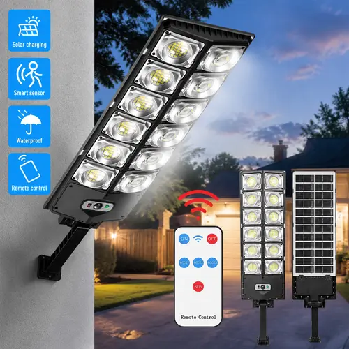 Solar Street Light Outdoor Solar Parking Lot Light with Motion Sensor IP65 Waterproof Commercial Lighting 360 SMD LEDs Adjustable Angle Remote Control