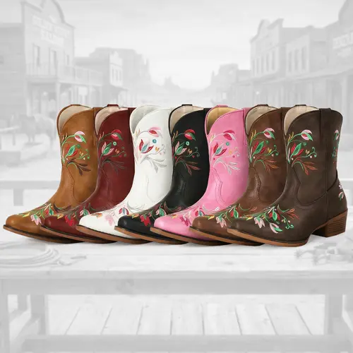 【Clearance】FIORALIE Women's Flower Embroidered Ankle Cowgirl Boots with Almond Pointed Toe Western Cowboy Style Chunky Heel Pull On Short Wide Cowgirl Boots for Comfort and Style botas vaqueras mujer Country Concerts
