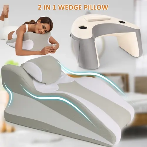 Summerwins 2-in-1 Ergonomic Wedge Design Pillow Bundle Set - Adjustable Eco-Friendly Memory Foam Cushion, Face Down Support, Reading Backrest with Armrests, Removable Covers, Storage Pockets for Bedroom Home Supplies Use