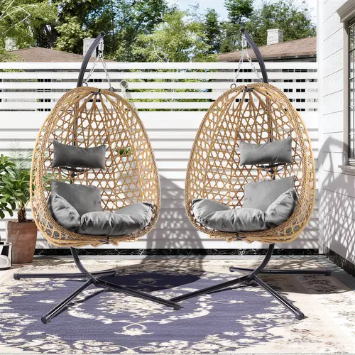 Set of 2 Egg Patio Swings Chairs, Wicker Hanging Pods with Stand, Perfect for Indoor/Outdoor Use, 330LB Capacity Each, Includes 2 Comfortable Cushions,Summervibes