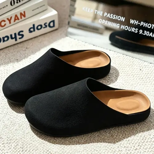 Men's Casual PU Leather Mules, Plain Round Toe Slip-On Shoes, Walking Shoes, Comfortable Rubber Sole, All Season Wear, Versatile Daily Use, Round Toe Clogs, Footwear, Classic Clogs, Enduring Clogs, Half Slipper Mules