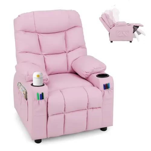 COSTWAY Kids Recliner Chair with Cup Holder, Adjustable Lounge Chair w/Footrest & Side Pockets for Children Boys Girls Room, Ergonomic Toddler Furniture Sofa, Kids Recliner,4th of july decor, dad gift