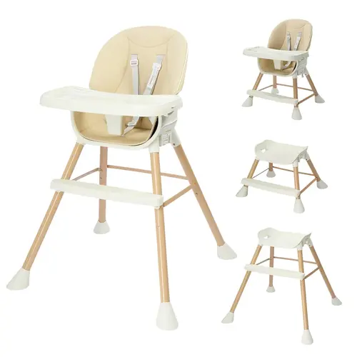 JOYMOR 5-in-1 Convertible Baby High Chair for Infants & Toddlers, Easy Clean, with Removable Double Tray, 5-Point Harness, Supports Sitting, Eating & Playing (Beige), Supports Sitting, Eating, And Playing