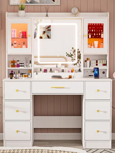 Makeup Vanity Desk with Mirror and Lights - White Large Vanity Desk with 7 Drawers & LED Jewelry Cabinet, Vanity Table with Charging Station, Dressing Table for Bedroom Lighted Vanity Table, Vanity With Mirror, Vanity Makeup Desk