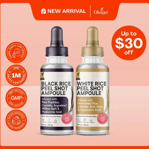 Okaga Natural Rice Peel Shot Ampoule Duo - 100% Organic Serums for Brightening, Exfoliating, and Moisturizing - Suitable for All Skin Types - Chemical Free