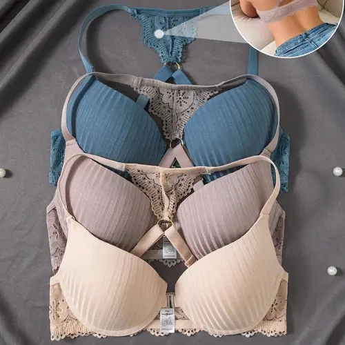 3pcs Front Closure Lace Patchwork Bras for Women Underwire Push-Up Anti-Sagging Sexy Back Design Basic Elegance Minimalist Style