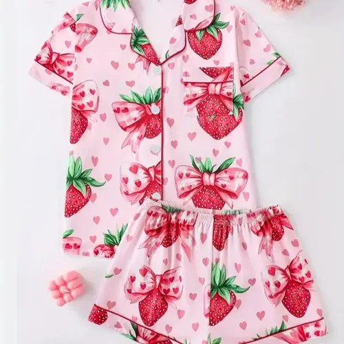 Women's Two-Piece Pajama Set, Loungewear, Casual Comfortable Fitted Short Sleeve Shirt & Elastic Waist Shorts, All-Over Strawberry Print Sleepwear
