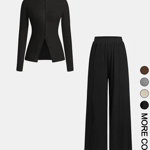 Women's Solid Color Button Front Top & Wide Leg Pants, Casual Two-piece Set for Daily Wear, Ladies Clothes for All Seasons