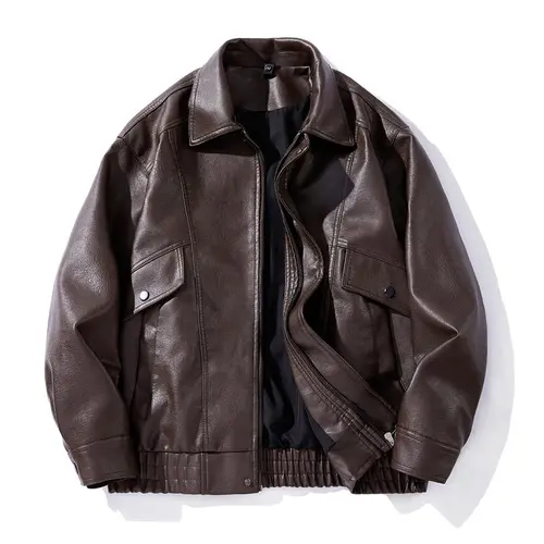 BIGWIG Menswear Plain Faux Leather Bomber Jacket - Men's Tops Coats Outerwear for Autumn Winter, Casual Loose Soft Lapel Button Zipper Long-Sleeve PU Leather Flight Jacket with Pockets,sohochic