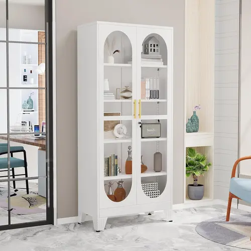 GEITIN Sturdy 71in Tall Metal Curio Cabinet Furniture - Locking Glass Door, 5-Tier Display Case with 4 Adjustable Shelves, Garage Kit Storage Solution for Home Bar Crockery, Collectibles, Tools